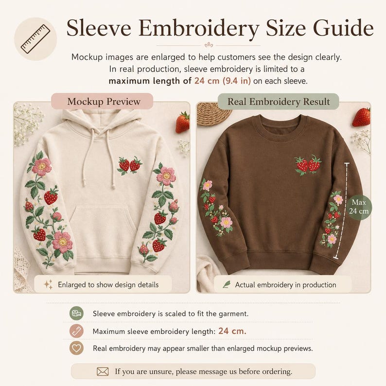 May include: A sleeve embroidery size guide featuring a cream hoodie and a brown sweatshirt with strawberry and flower embroidery. The text states a maximum sleeve embroidery length of 24 cm (9.4 in) and explains that mockup images are enlarged.