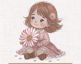 Cute child girl embroidery designs, sweet pink girl embroidery pattern, flower embroidery files trendy, gifts for flower, 5x7