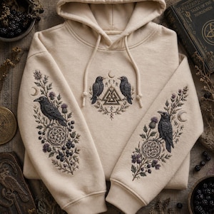 Nordic Raven Embroidered Hoodie, Raven Face Hoodie, Crescent Raven Gift Crewneck, Fantasy Bird Gift, Mystical Lover Hoodie
