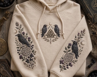 Sweat à capuche brodé Corbeau nordique, Sweat à capuche Visage de Corbeau, Sweat-shirt cadeau Croissant Corbeau, Cadeau Oiseau Fantastique, Sweat à capuche Amoureux Mystique
