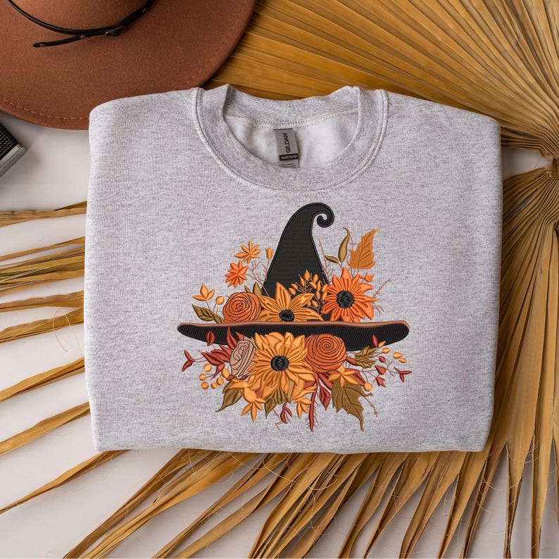 Witch Hat Embroidery Designs, Witch Flowers Embroidery Pattern, Fall