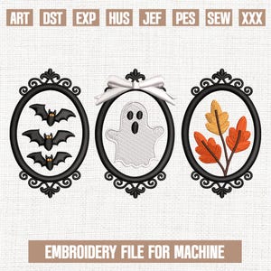 May include: Three embroidery designs in ornate black frames. The designs include bats, a ghost with a bow, and autumn leaves. The text "EMBROIDERY FILE FOR MACHINE" is at the bottom. The top has file type abbreviations.