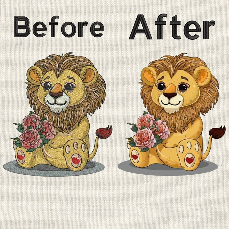 Pode incluir: Imagem antes e depois de um le&atilde;o de desenho animado segurando um buqu&ecirc; de rosas cor-de-rosa. O le&atilde;o est&aacute; sentado com o rabo enroscado atr&aacute;s dele. O le&atilde;o na imagem anterior tem uma apar&ecirc;ncia mais felpuda, enquanto o le&atilde;o na imagem posterior tem uma apar&ecirc;ncia mais suave.