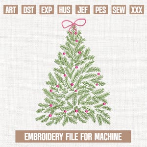 Peut inclure: Motif de sapin de Noël brodé avec des aiguilles vertes et des boules roses, surmonté d'un nœud rose. Le texte "EMBROIDERY FILE FOR MACHINE" est affiché en bas. Le motif est sur un fond blanc cassé texturé.