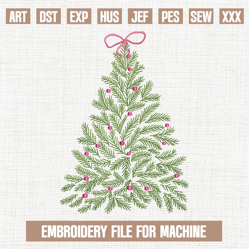 May include: An embroidered Christmas tree design with green needles and pink ornaments, topped with a pink bow. The text "EMBROIDERY FILE FOR MACHINE" is displayed at the bottom. The design is on a textured, off-white background.