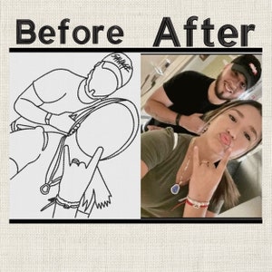 Pode incluir: Uma foto antes e depois mostrando um casal. A foto de antes &eacute; um desenho de linha de uma pessoa segurando um microfone. A foto de depois mostra o casal posando juntos. A mulher est&aacute; vestindo uma camisa verde e tem o cabelo puxado para tr&aacute;s. O homem est&aacute; vestindo uma camisa verde e um bon&eacute; de beisebol preto com a palavra "Savage" nele.