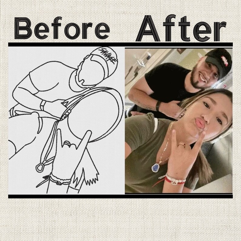 Pode incluir: Uma foto antes e depois mostrando um casal. A foto de antes &eacute; um desenho de linha de uma pessoa segurando um microfone. A foto de depois mostra o casal posando juntos. A mulher est&aacute; vestindo uma camisa verde e tem o cabelo puxado para tr&aacute;s. O homem est&aacute; vestindo uma camisa verde e um bon&eacute; de beisebol preto com a palavra "Savage" nele.