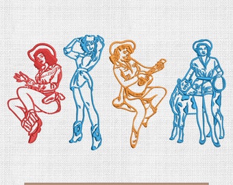 Retro western cowgirl embroidery designs, western embroidery pattern, cowgirl pinups embroidery files trendy, 4 sizes download