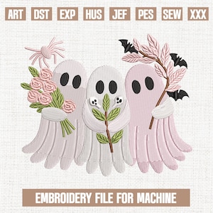 May include: An embroidery file design featuring three ghost figures in shades of white and pink, each holding floral or leafy elements. The design includes a spider and bats. Text at the top reads "ART DST EXP HUS JEF PES SEW XXX". The text at the bottom reads "EMBROIDERY FILE FOR MACHINE".