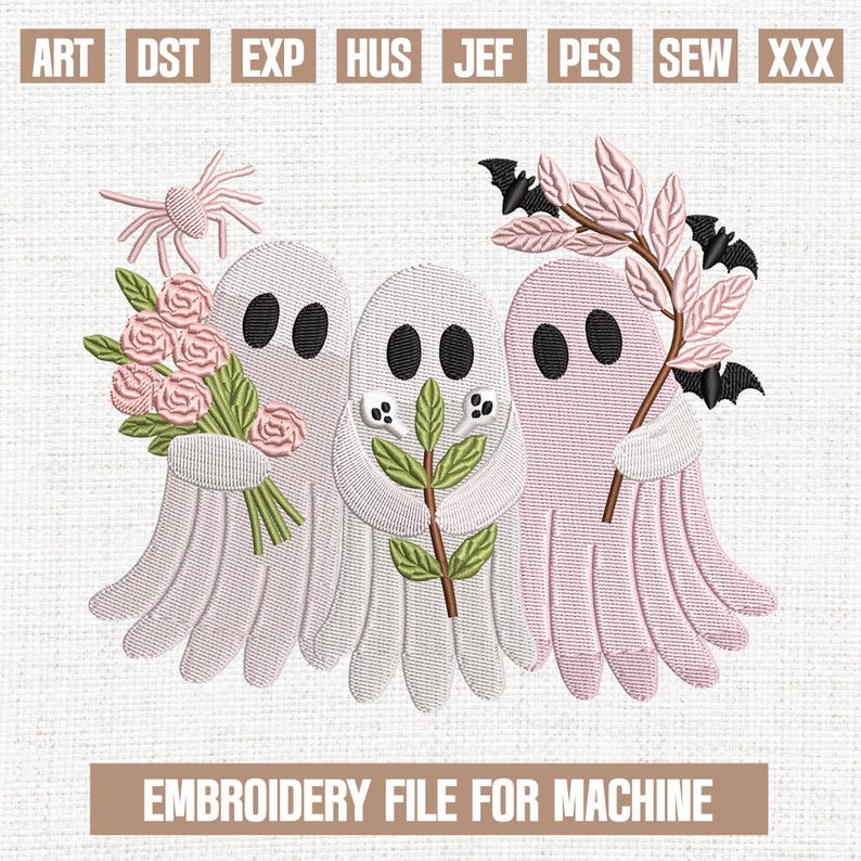 May include: An embroidery file design featuring three ghost figures in shades of white and pink, each holding floral or leafy elements. The design includes a spider and bats. Text at the top reads "ART DST EXP HUS JEF PES SEW XXX". The text at the bottom reads "EMBROIDERY FILE FOR MACHINE".