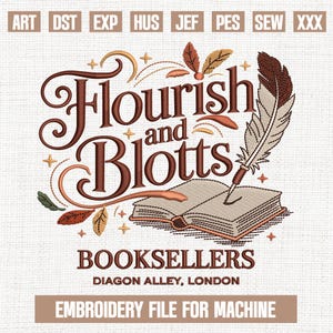 Broderimönster med Flourish och blotts, broderimönster med bokälskare, trendiga Halloween-broderifiler, presenter till Halloween, 5x7 bild 1
