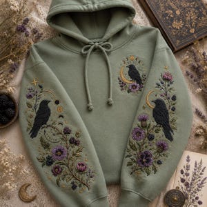 May include: A sage green hooded sweatshirt featuring intricate embroidery of black ravens, purple flowers, blackberries, and golden crescent moons on the chest and sleeves. The design includes celestial motifs like stars and moon phases.