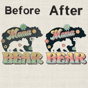 Pode incluir: Um design gr&aacute;fico com o texto "Mama Bear" em estilo retr&ocirc;. O design apresenta uma silhueta de uma m&atilde;e urso e um filhote de urso com um cora&ccedil;&atilde;o entre eles. O design &eacute; cercado por flores e tem uma est&eacute;tica vintage.