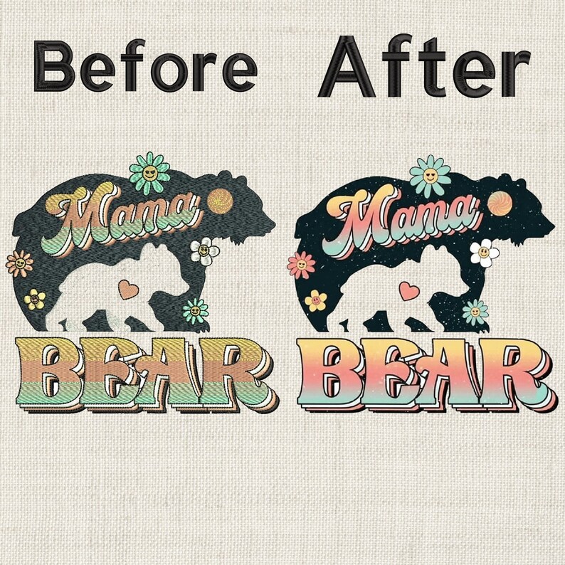 Pode incluir: Um design gr&aacute;fico com o texto "Mama Bear" em estilo retr&ocirc;. O design apresenta uma silhueta de uma m&atilde;e urso e um filhote de urso com um cora&ccedil;&atilde;o entre eles. O design &eacute; cercado por flores e tem uma est&eacute;tica vintage.