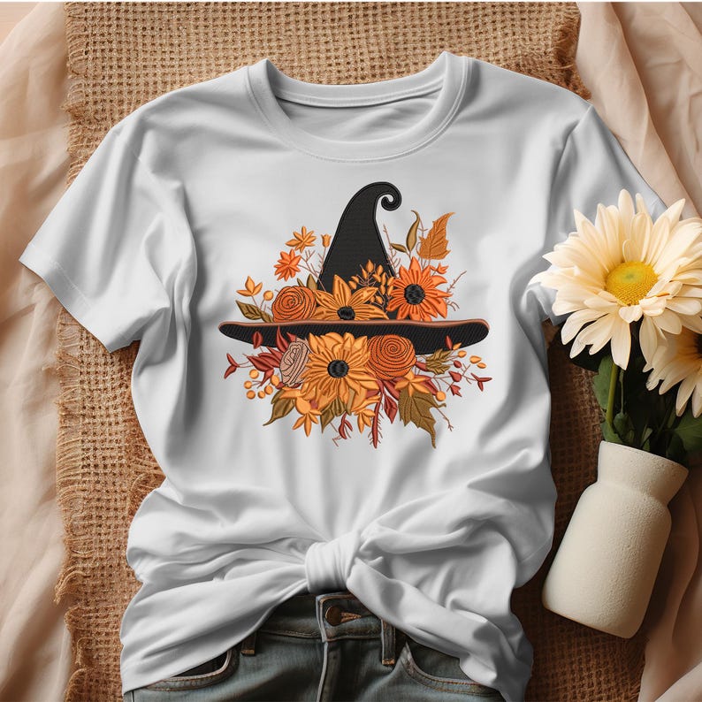 Witch Hat Embroidery Designs, Witch Flowers Embroidery Pattern, Fall