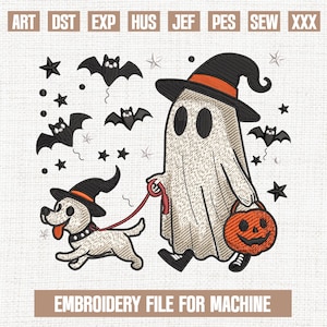 Walking dog embroidery designs, ghoul spooky embroidery pattern, boo ghost embroidery files trendy, gifts for halloween, 5x7