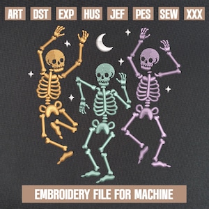 May include: An embroidery file for machine featuring three dancing skeletons in gold, teal, and purple. The design includes a crescent moon and stars on a dark background. Text at the top reads "ART DST EXP HUS JEF PES SEW XXX".