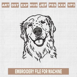 May include: Black and white line art embroidery design of a golden retriever dog's head. The dog is smiling with its tongue sticking out. The design is suitable for machine embroidery.