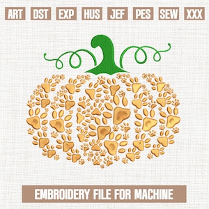 May include: An embroidery design file for a machine to create a pumpkin made of paw prints. The pumpkin is orange and the stem is green. The text "EMBROIDERY FILE FOR MACHINE" is at the bottom of the image.