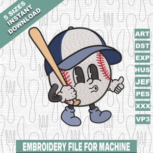 Puede incluir: Un personaje de dibujos animados de béisbol con una gorra de béisbol azul y sosteniendo un bate. El personaje tiene una cara blanca con ojos negros y una boca roja. La pelota de béisbol es blanca con costuras rojas. La imagen es para archivos de máquina de bordado.