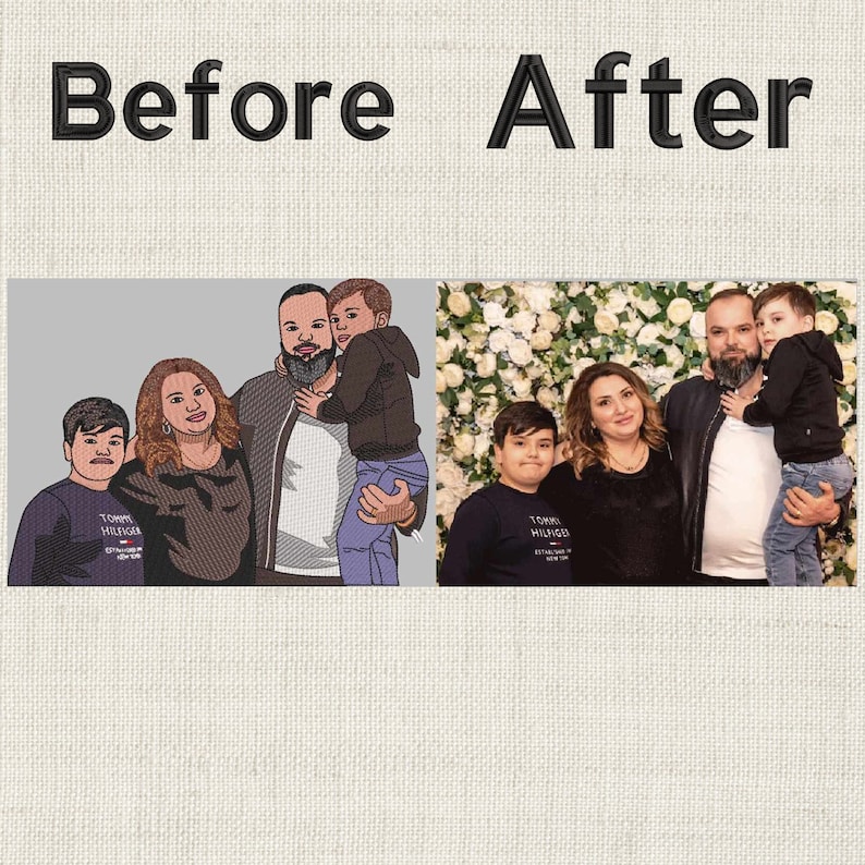 Pode incluir: Fotos antes e depois de uma fam&iacute;lia de quatro pessoas. A foto de antes mostra uma ilustra&ccedil;&atilde;o de estilo de desenho animado da fam&iacute;lia. A foto de depois mostra a mesma fam&iacute;lia em um ambiente real. A fam&iacute;lia est&aacute; em p&eacute; em frente a uma parede de flores brancas.
