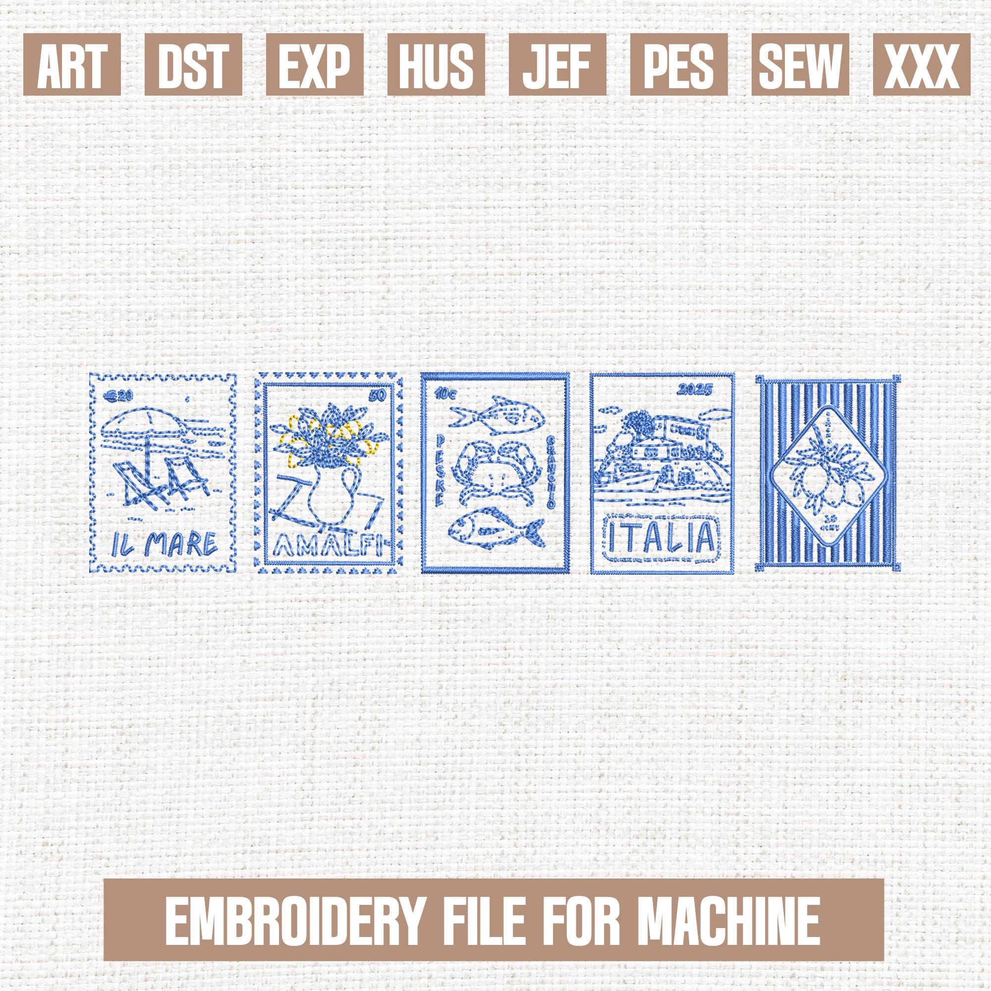 Italian Travel Postage Stamp embroidery designs, Italia Summer embroidery pattern, summer vacation embroidery files, 5x7, 4x4