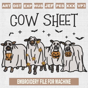 Cow sheet embroidery designs, ghost cow embroidery pattern, halloween cows embroidery files trendy, halloween machine embroidery, 4 sizes