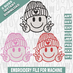 May include: Three embroidery designs of a smiling face wearing a beanie with a heart on it. The designs are in black, pink, and red.