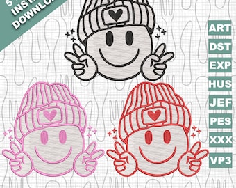 Smiley Face with Heart Hat Embroidery Designs, Valentines Day Embroidery Designs, Valentine Embroidery Designs, 5 Sizes, Instant Download