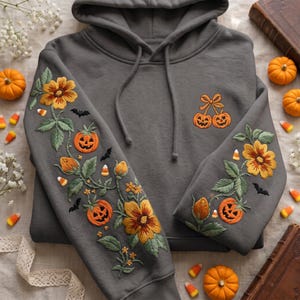 Peut inclure: Un sweat à capuche gris anthracite avec des broderies détaillées sur les manches et la poitrine. Les manches présentent des citrouilles d'Halloween orange, des fleurs jaunes, des feuilles vertes, des chauves-souris noires et des bonbons maïs.