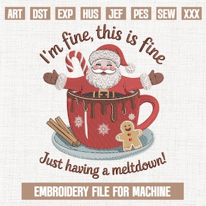 Może przedstawiać: Cyfrowy plik haftu z kreskówkowym Świętym Mikołajem w czerwonym kubku, tekst brzmi "I'm fine, this is fine" i "Just having a meltdown!". Zawiera laskę cukrową, piernikowego ludzika i laski cynamonu.