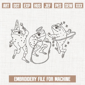 May include: Three cartoon frogs, one wearing a wizard hat, one with a halo, and one with a flower crown, are jumping rope. The image is a black and white embroidery design for a machine.