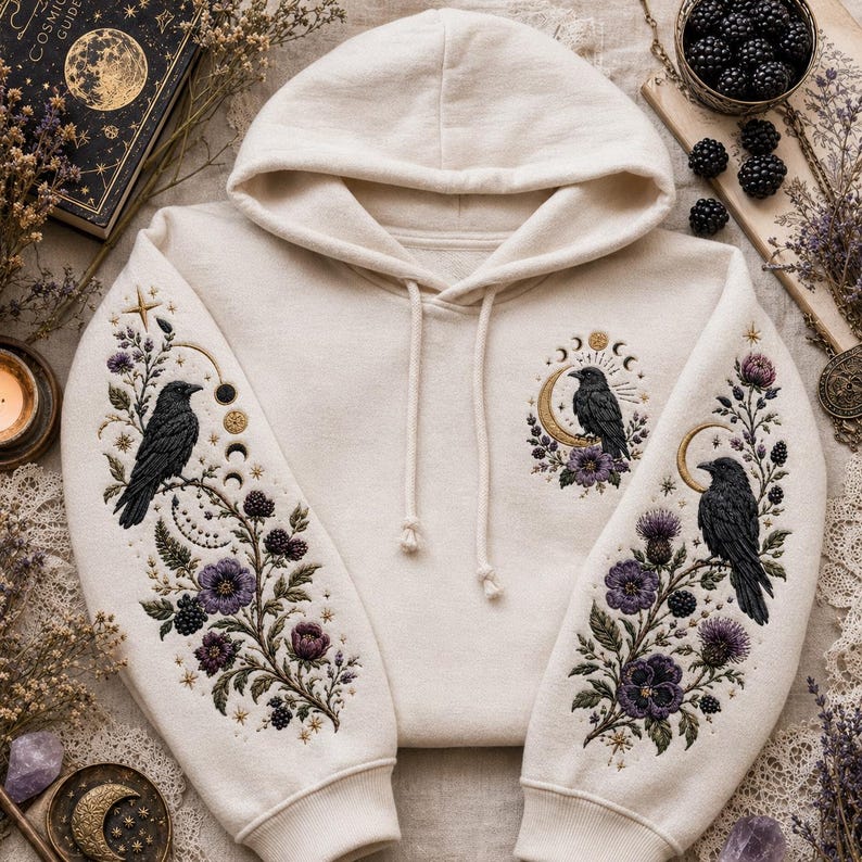 May include: An off-white hooded sweatshirt featuring detailed embroidery on both sleeves and the chest. The design includes black ravens perched on branches, purple flowers, blackberries, and golden moon phases, creating a cohesive botanical theme.