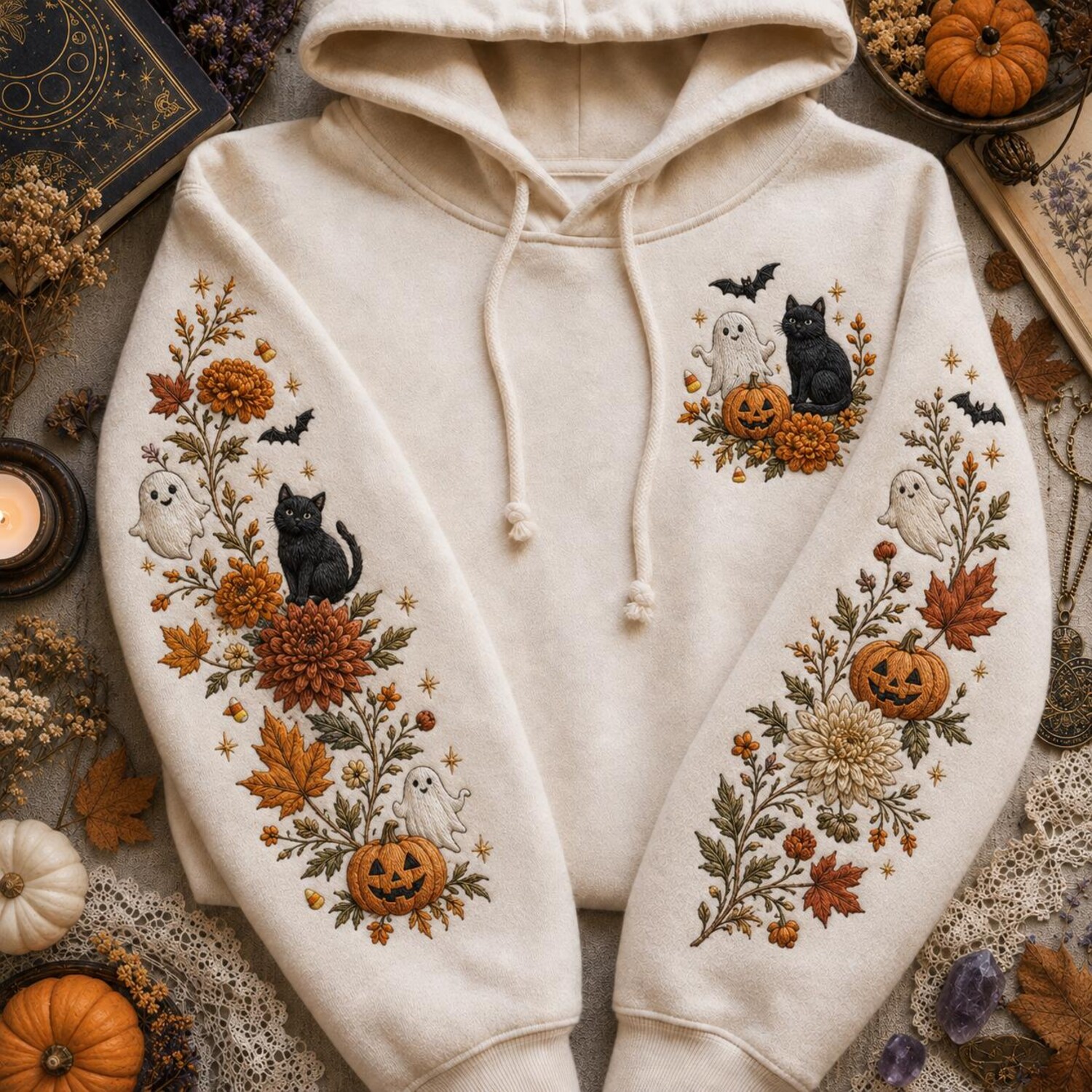 Pumpkin Spice Ghost Embroidered Hoodie, Spooky Season Hoodie, Black Cat Halloween Crewneck, Thanksgiving Lover Gift, Fall Lover Hoodie