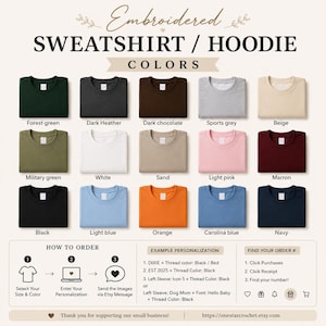 May include: A color chart for embroidered sweatshirts and hoodies displaying fifteen folded garment options in forest green, dark heather, dark chocolate, sports grey, beige, military green, white, sand, light pink, maroon, black, light blue, orange, Carolina blue, and navy. Includes ordering instructions and personalization examples.