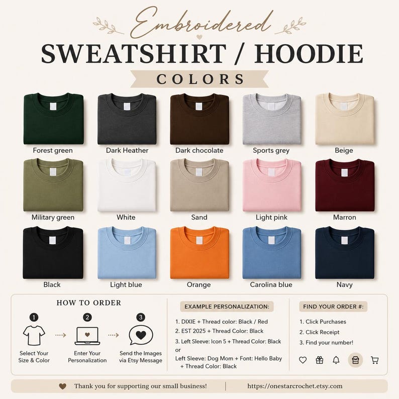 May include: A color chart for embroidered sweatshirts and hoodies displaying fifteen folded garment options in forest green, dark heather, dark chocolate, sports grey, beige, military green, white, sand, light pink, maroon, black, light blue, orange, Carolina blue, and navy. Includes ordering instructions and personalization examples.
