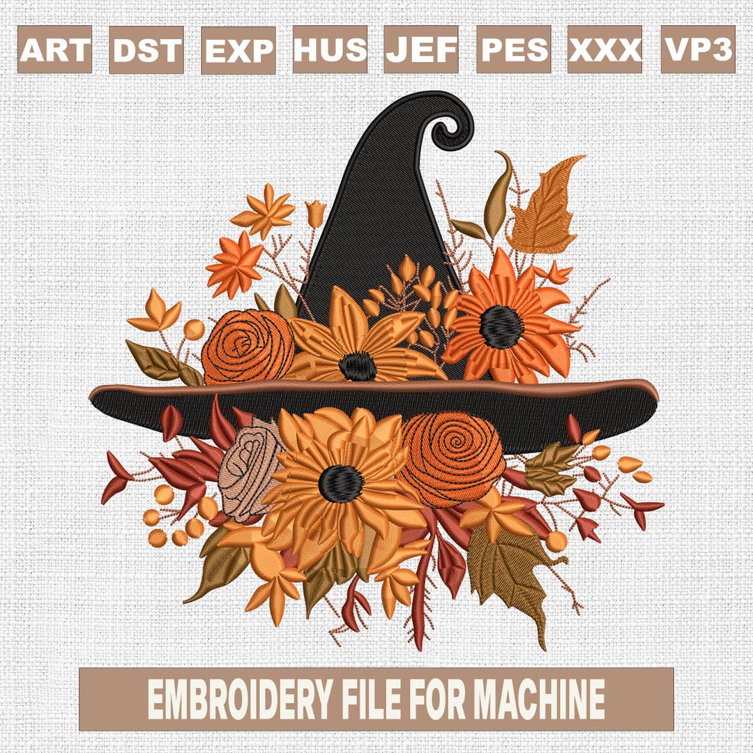 Witch Hat Embroidery Designs, Witch Flowers Embroidery Pattern, Fall
