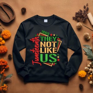 May include: Black sweatshirt with a graphic design that says "Juneteenth 1865 They Not Like Us" in a colorful, layered font with stars and a red, green, and gold color scheme.