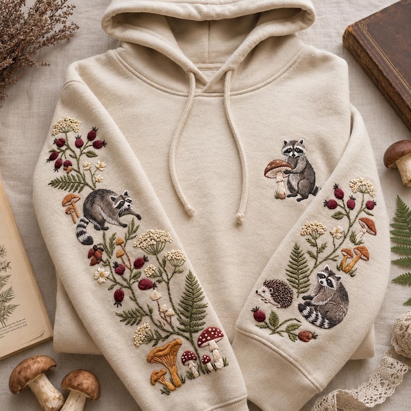 Hoodie mit Waschbär-Stickerei und Blumenmuster, Natur-Waschbär-Hoodie, Retro-Herbst-Flair, Geschenkidee für Herbstliebhaber, Hoodie für Herbstfans