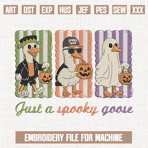 Just a Spooky Goose Halloween embroidery designs, Cute Goose Trio with Pumpkin embroidery pattern, spooky season embroidery files, 5x7, 4x4