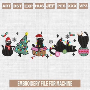 Desenhos de bordado de gato preto de natal, padrão de bordado de feliz natal, arquivos de bordado de natal da moda, presentes para o natal, 5x7