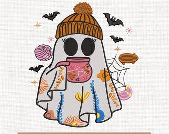 Flower ghost embroidery designs, coffee lover embroidery pattern, halloween embroidery files trendy, gifts for halloween, 5x7