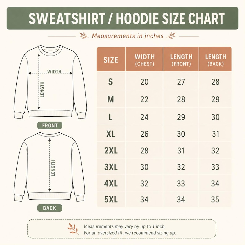May include: A sweatshirt and hoodie size chart with measurements in inches. The chart displays sizes from S to 5XL, listing width, front length, and back length for each. It includes line drawings of the front and back of a garment with arrows.