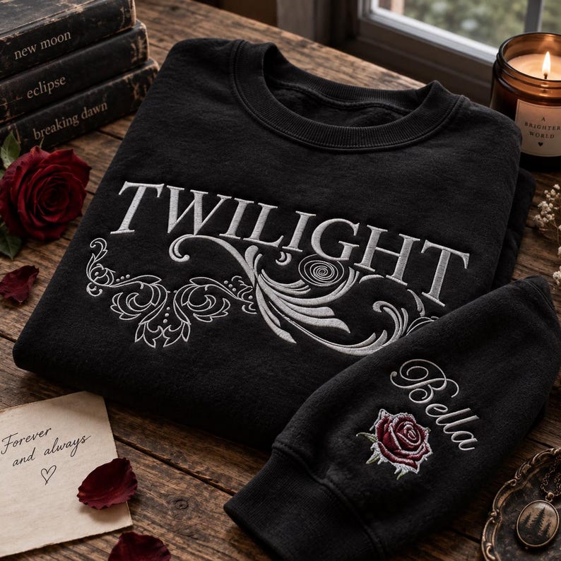 May include: A black crewneck sweatshirt featuring white embroidered text that reads TWILIGHT with ornate swirling floral patterns underneath. The sleeve includes an embroidered red rose and the name Bella in white cursive script lettering.