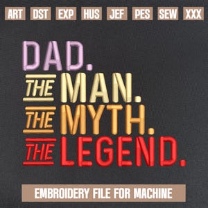 Dad The Man The Myth The Legend Embroidery Design, Father’s Day embroidery pattern, Gift for Dad, 5x7, 4x4