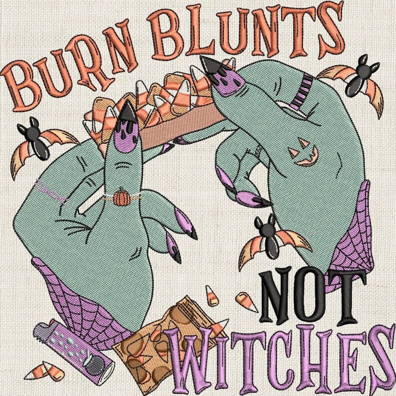 Pode incluir: Desenho bordado de duas m&atilde;os verdes segurando um baseado com milho doce, com o texto "BURN BLUNTS NOT WITCHES" em roxo e preto.