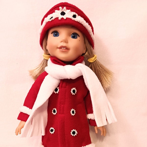 A Pretty Red Holiday Coat, Hat, And Scarf For 14 Inch Dolls, Red Felt, White Fluffy Trim And A White Scarf To Keep Her Warm, What Fun !