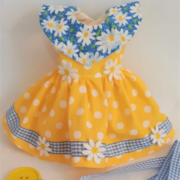 Sunshine And Daisy, yellow polka dots And Blue Gingham Dress Fits 14" Dolls Wellie Wishers, Toni P 90, Ruby Red, Little Darlin, Sweet Sue