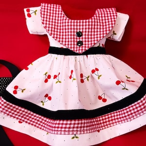 14 Inch Doll Dress: Cherry Print, Gingham Collar, Velvet Ribbon