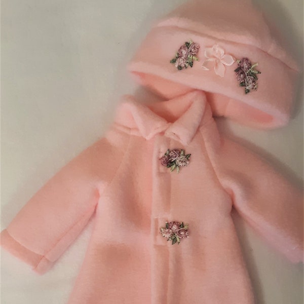 Pink Felt Coat And Hat, Fits Wellie Wisher And Other 14 Inch Dolls, Sweet Flower Appliques, Velcro Closure, Handmade And Ready To Ship